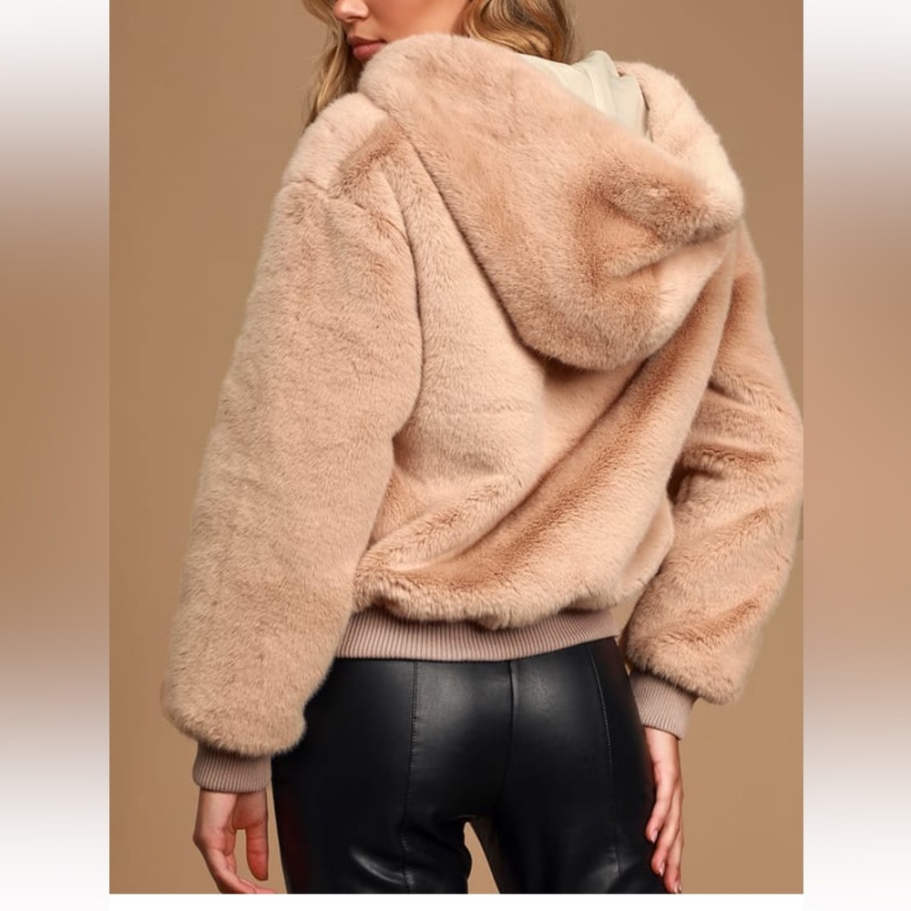 Lulus Count Me In Beige Faux Fur Hooded Bomber Jacket - Size S - Picture 4 of 5